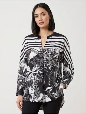 Slim Factor by Investments Black & White Floral-Print Long Sleeve Blouse